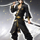 Animated figure in black and gold outfit with katana and swirling golden leaves