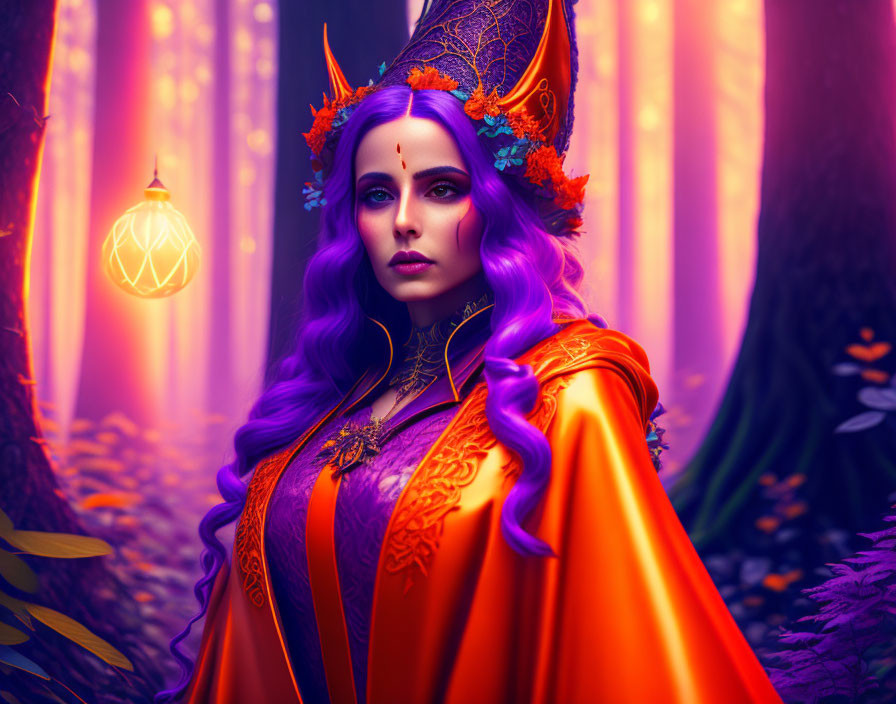 Regal woman with purple hair in mystical forest with lantern