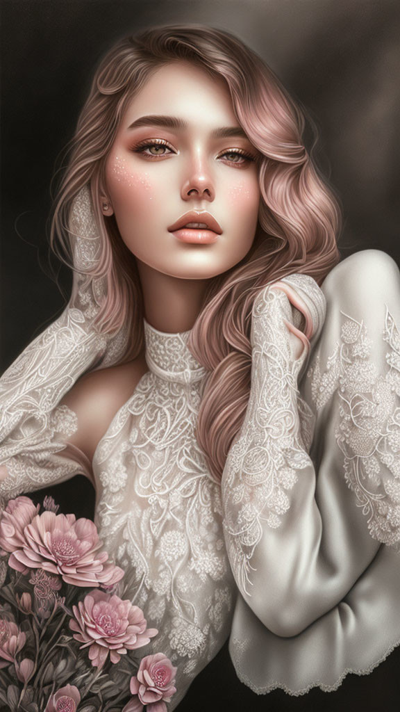 Digital portrait of woman with pink floral accents, wavy hair, lace attire, holding pink flowers