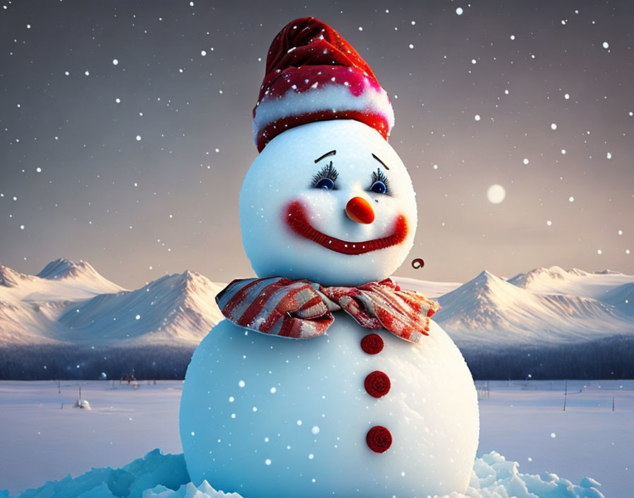 Snowman with Red Hat and Striped Scarf in Snowy Landscape at Dusk