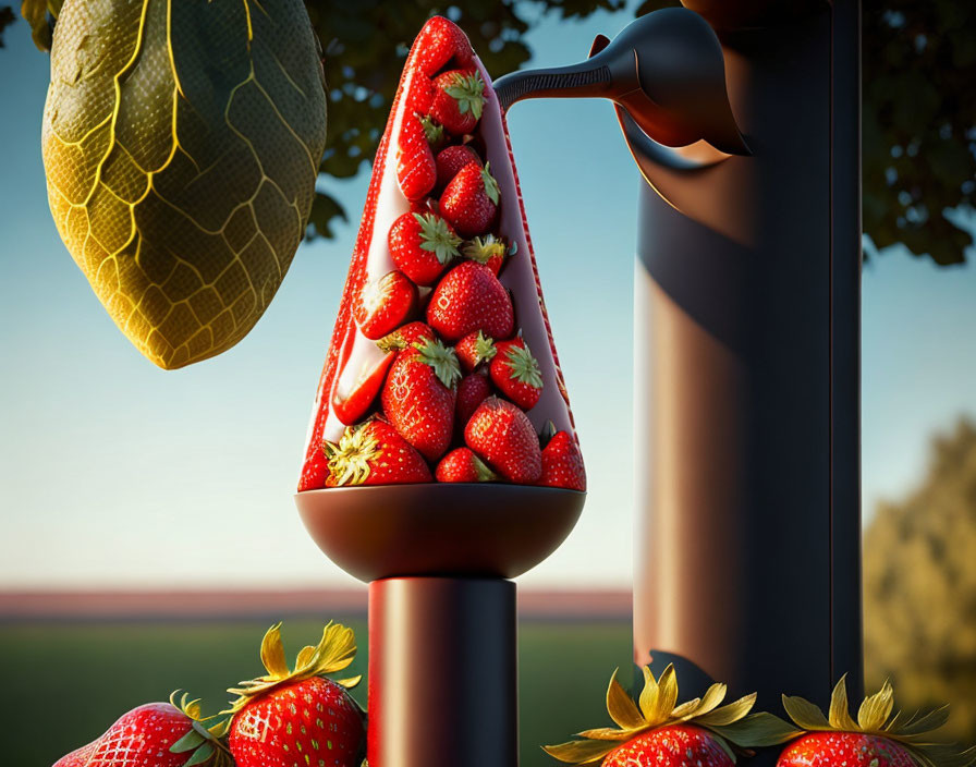 Surreal image of strawberries on conical shape with chocolate, papaya on tree