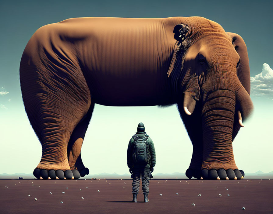 Backpacker facing giant surreal elephant in barren landscape