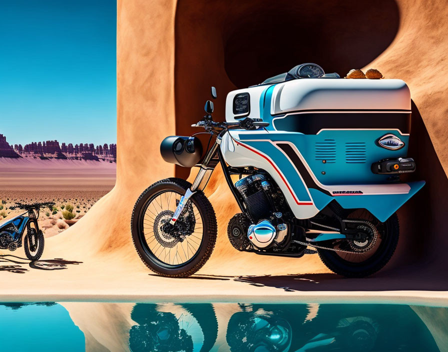 Retro-futuristic blue and white motorcycle in desert with reflective pool