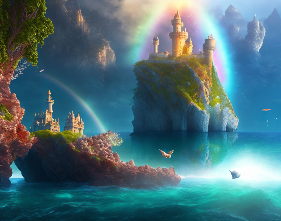 Fantasy castle on cliff with rainbow, turquoise sea, trees, birds, clouds