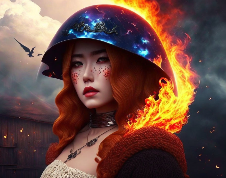 Cosmic-themed digital artwork of a woman with fiery red hair and bird in flight