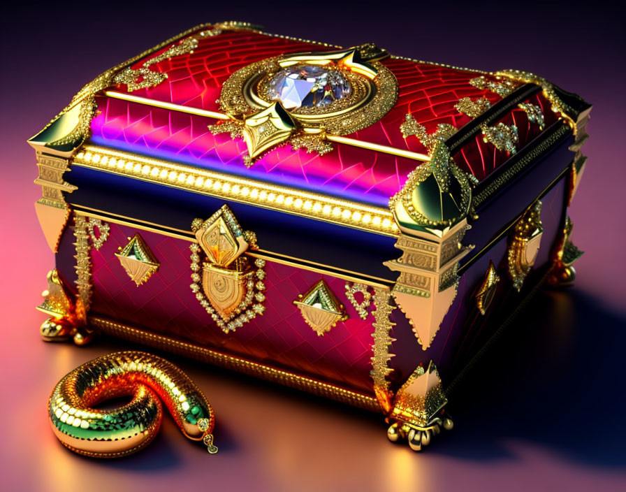 Intricate jewel-encrusted chest with gold detailing and coiled serpent on reflective surface