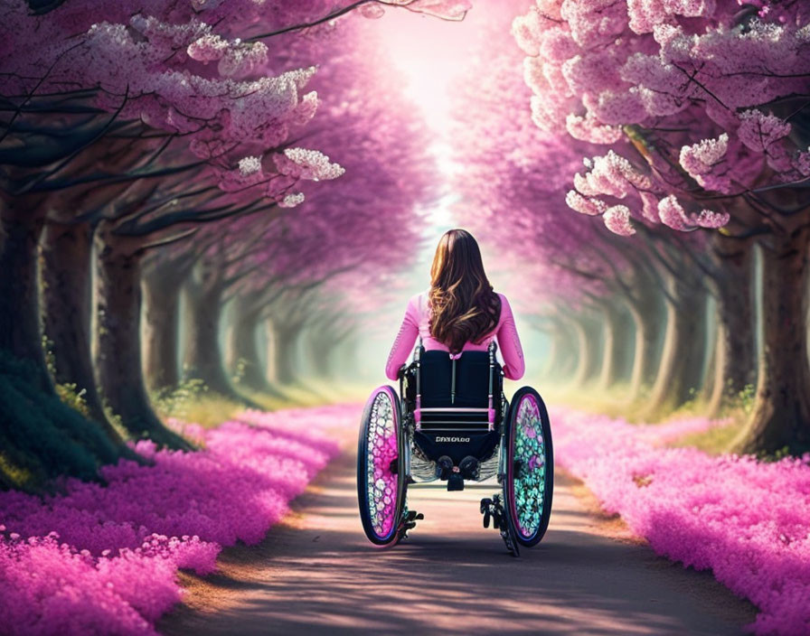 Woman in wheelchair enjoys blooming cherry blossoms landscape