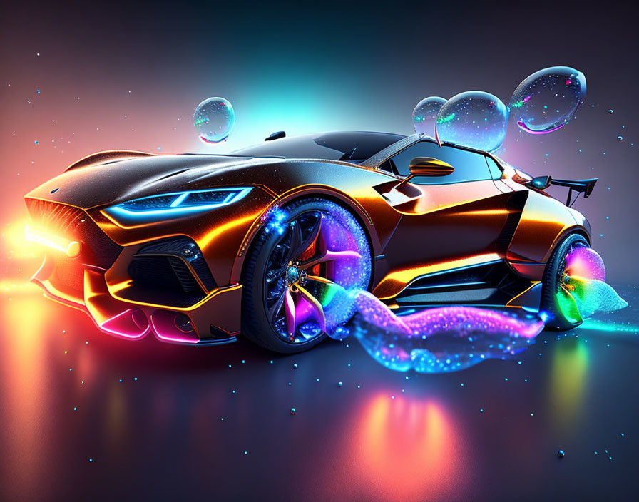 Futuristic neon-lit sports car with iridescent bubbles and sleek lines