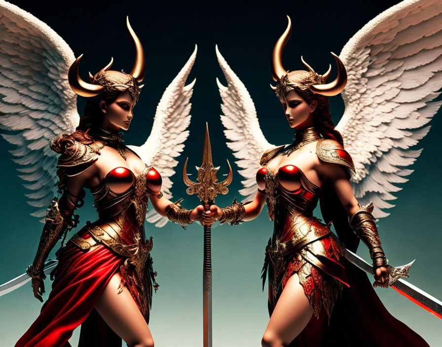 Symmetrical female warriors with wings and horns in red and gold armor holding spears