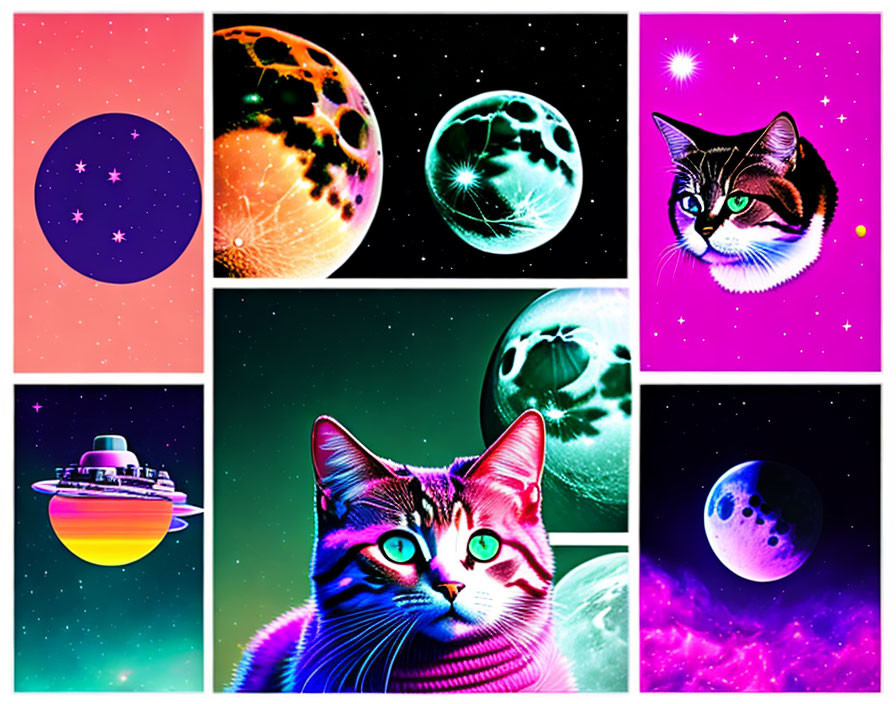 Colorful Planets, UFO, Cats, and Galaxy in Vibrant Digital Collage