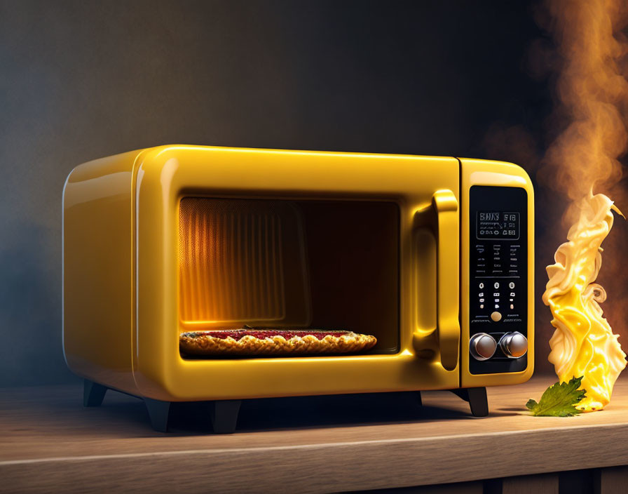 Yellow Microwave Oven Emitting Smoke with Overheated Food Item Inside