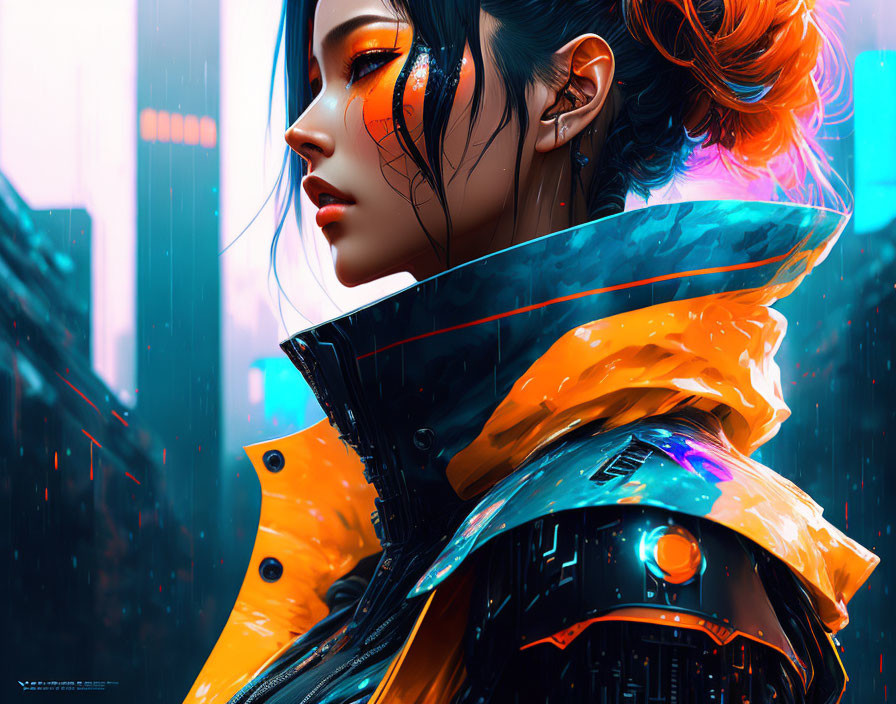 Futuristic digital artwork of woman in orange visor and neon-lit cityscape