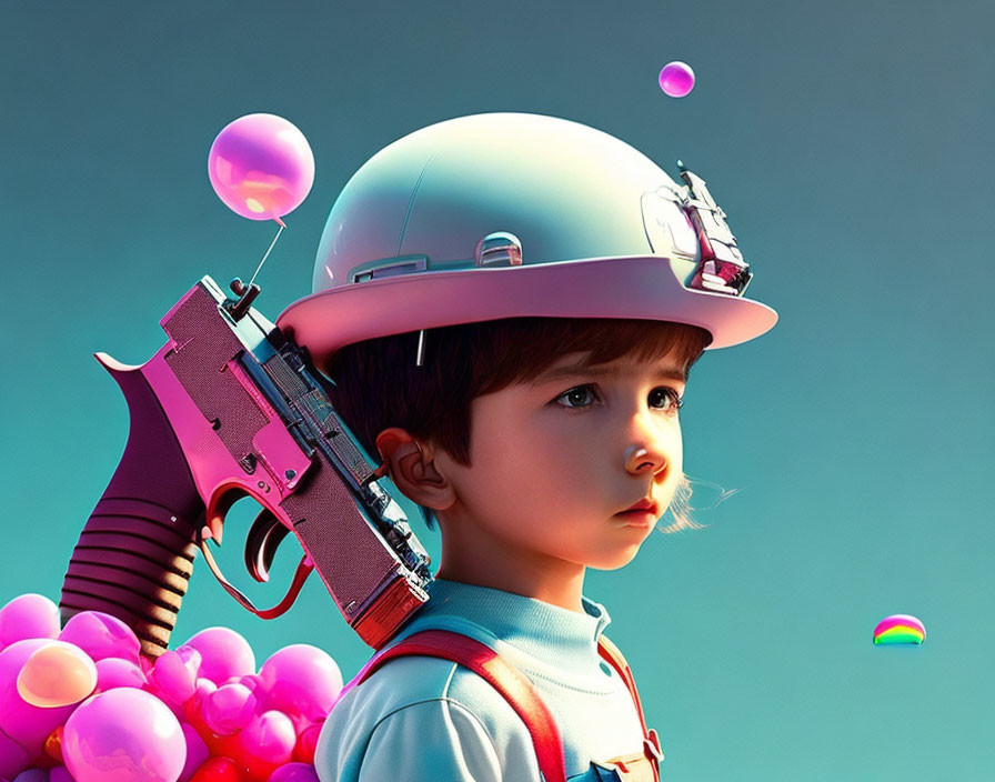 Serious child in toy-adorned helmet with colorful gun, surrounded by balloons on teal background