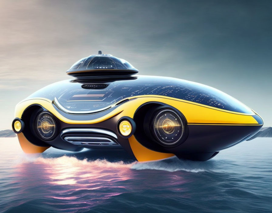 Futuristic yellow and black car with bubble dome floating above water at dusk