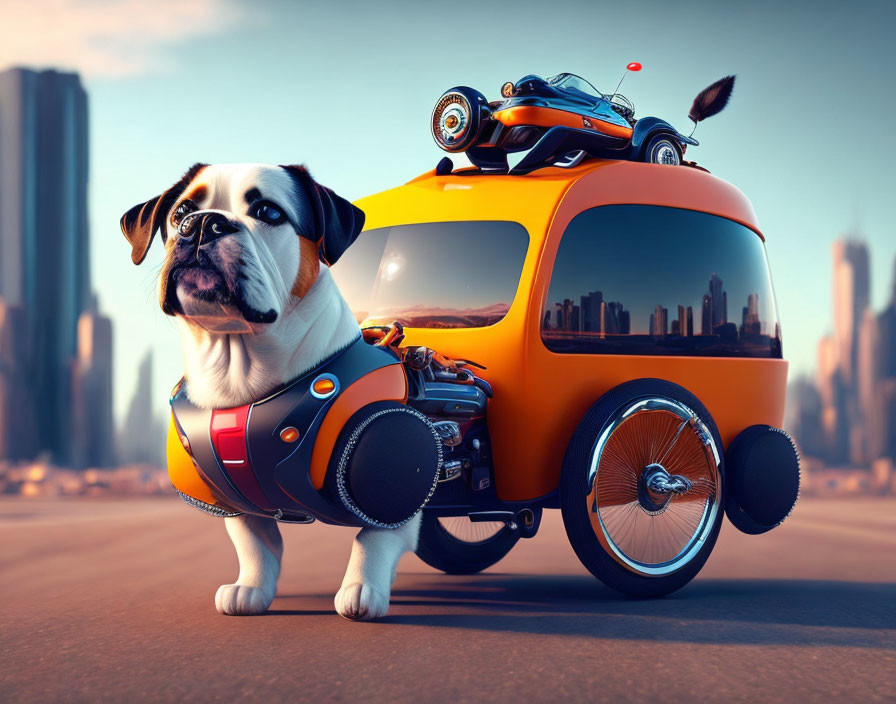 Bulldog and motorcycle digital illustration in urban setting