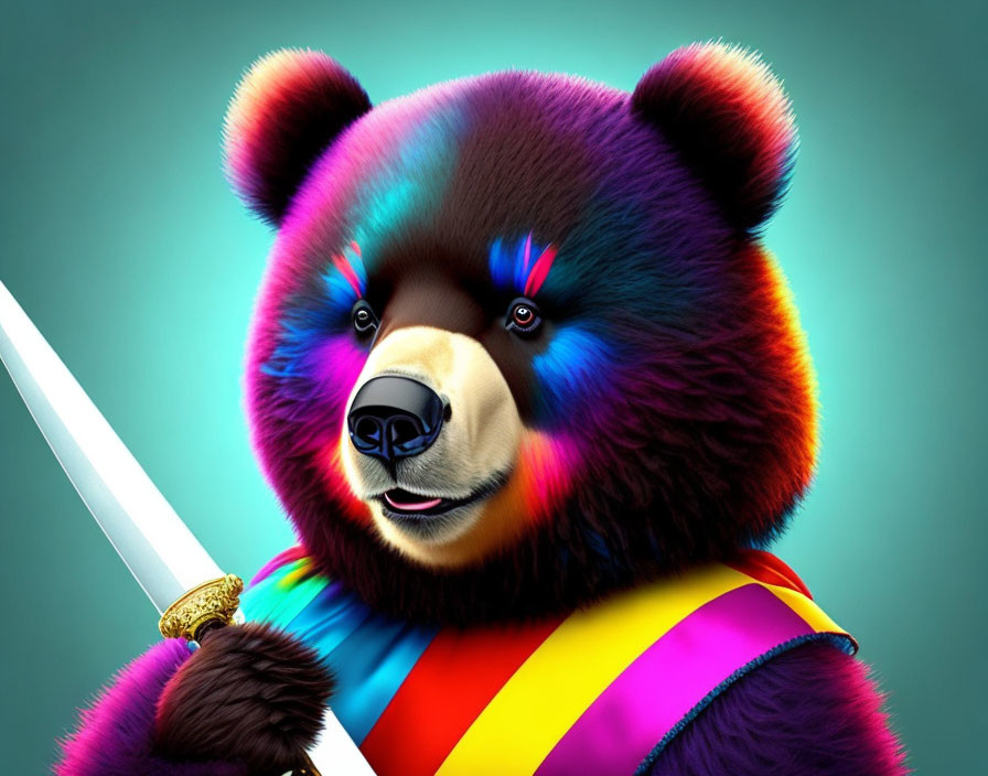 Vibrant bear illustration in rainbow outfit with sword on teal backdrop