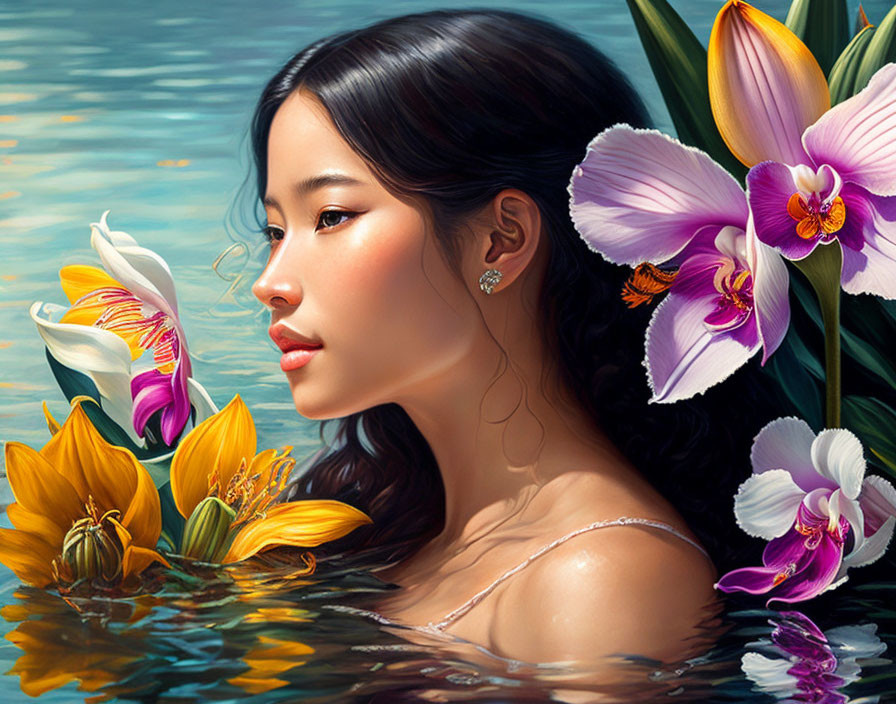 Portrait of woman with dark hair in water surrounded by vibrant orchids