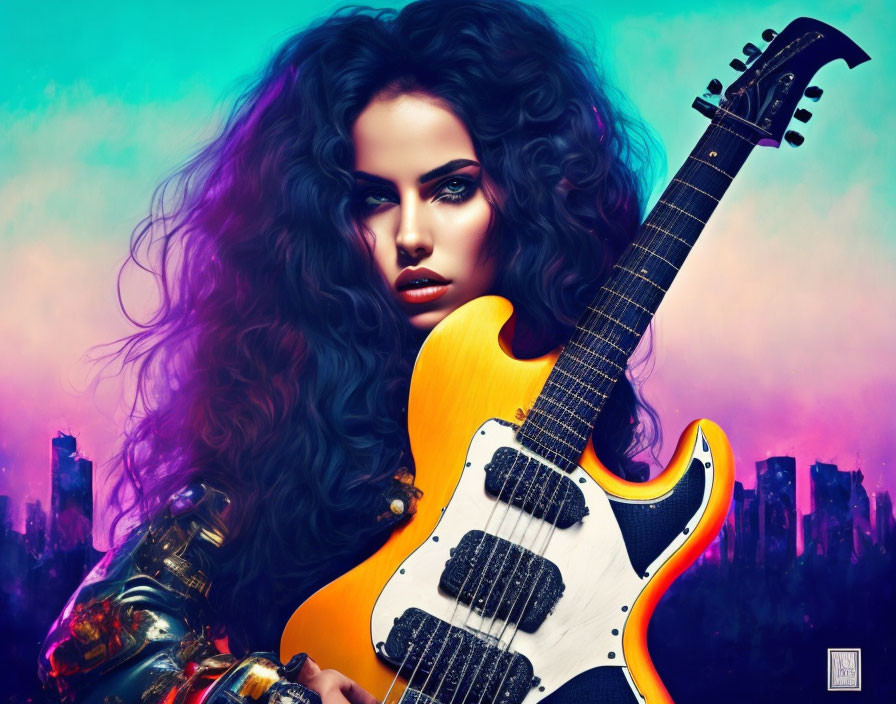 Curly-Haired Woman with Electric Guitar in Cityscape Scene