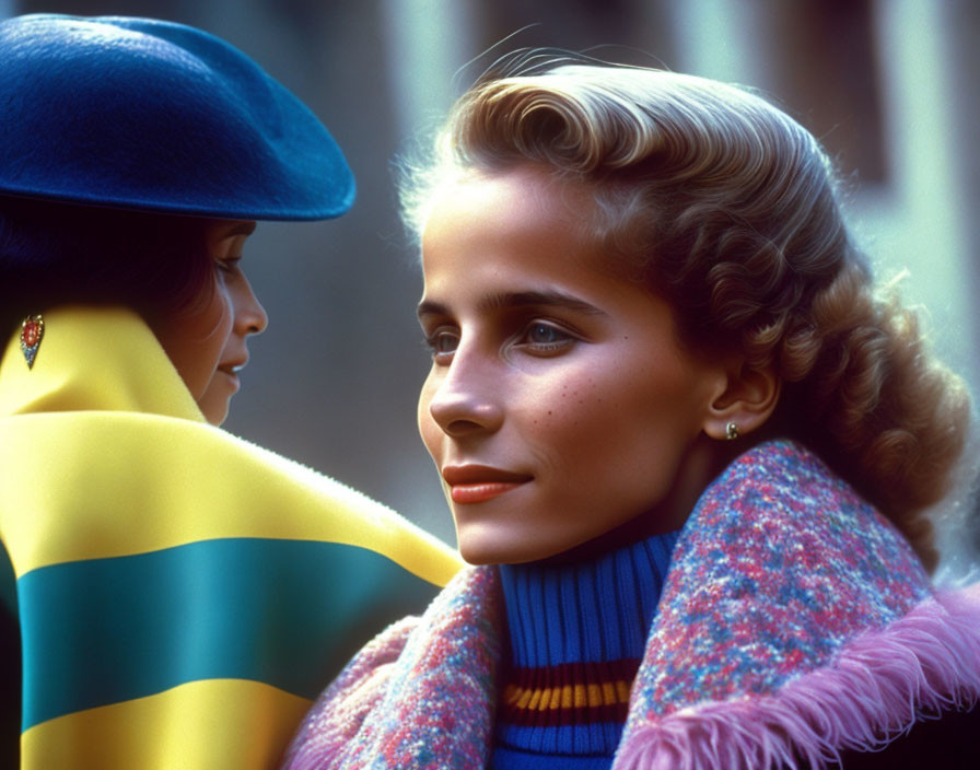 Two women in colorful outfits facing each other.