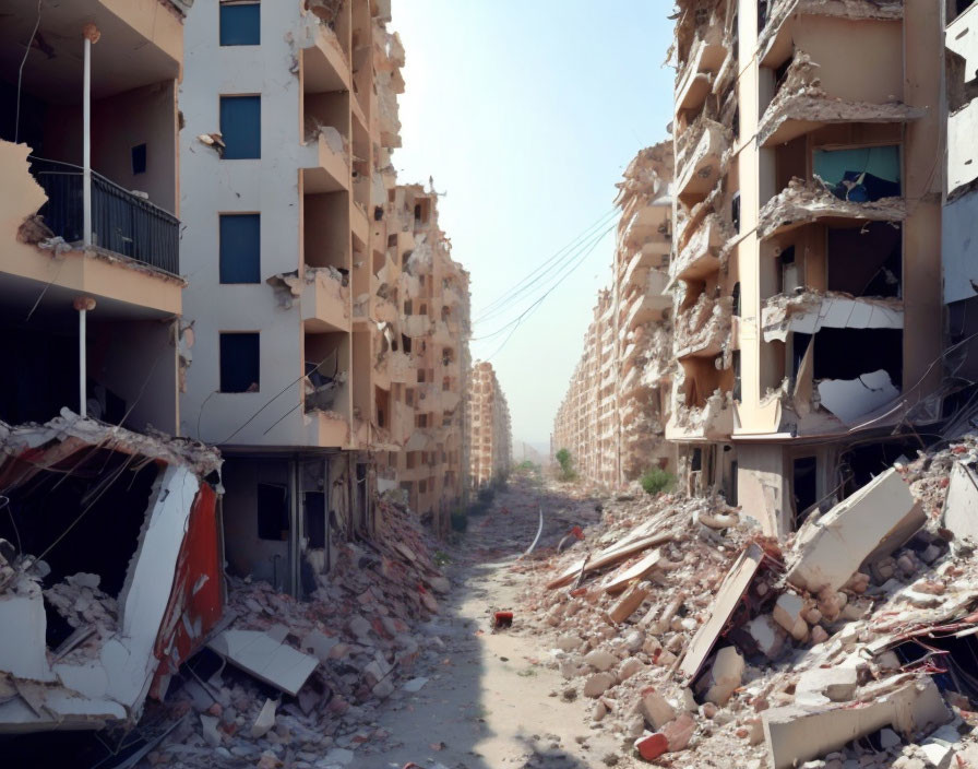 Devastated urban street with heavily damaged buildings and scattered debris.