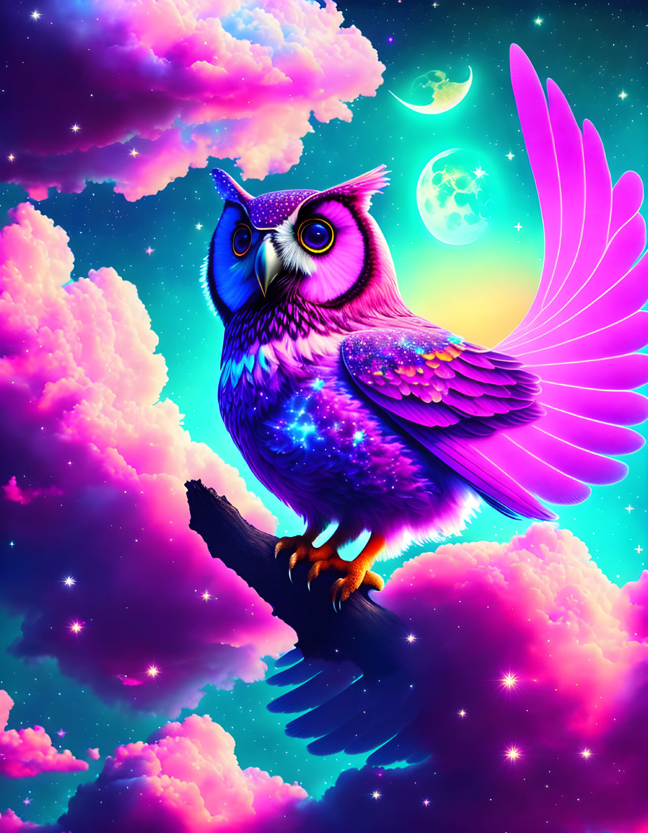 Colorful Cosmic Owl Artwork with Celestial Plumage on Branch