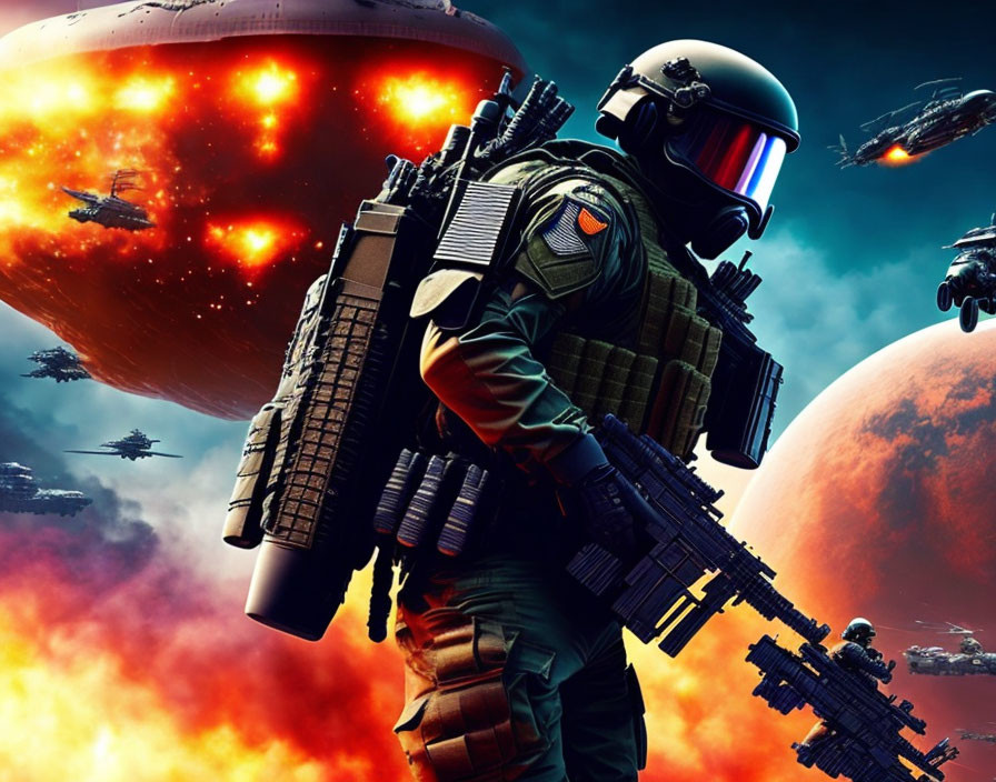 Futuristic soldier in advanced armor with weapon amidst exploding planets and spaceships