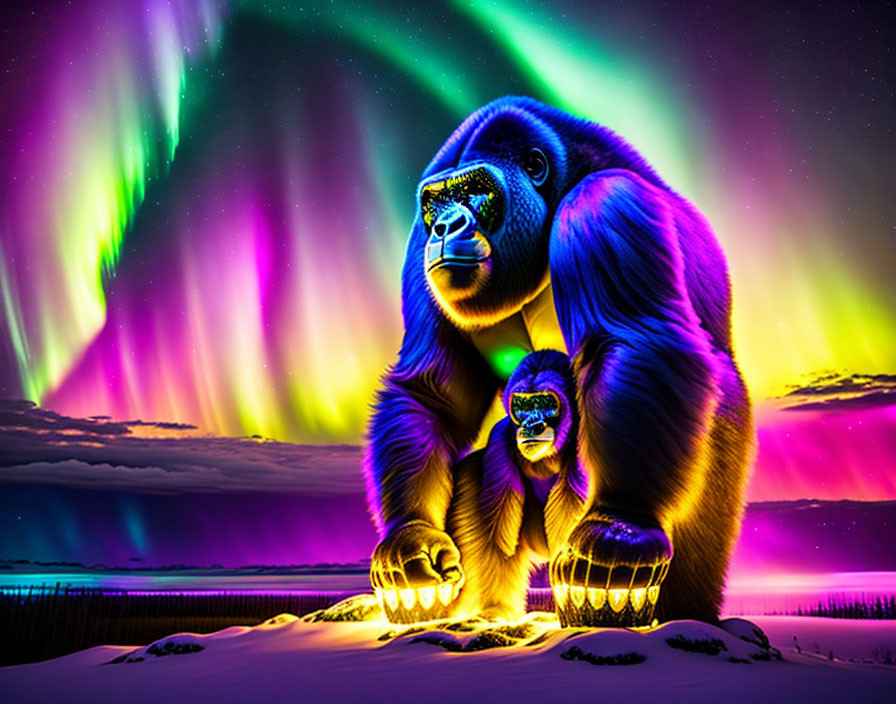 Colorful digital artwork: Gorilla with neon colors and aurora borealis