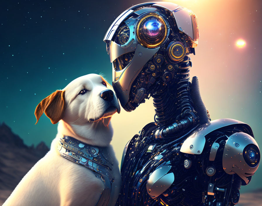 Intricately detailed robot gazes at white dog under twilight sky