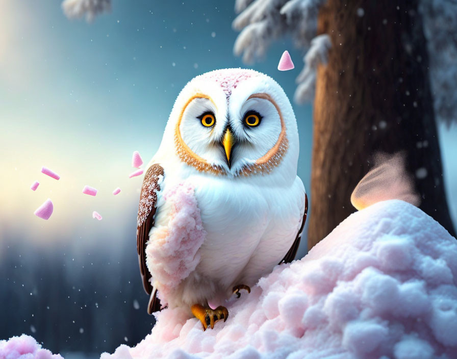 Snowy Owl with Yellow Eyes on Snow-Covered Branch in Winter Scene