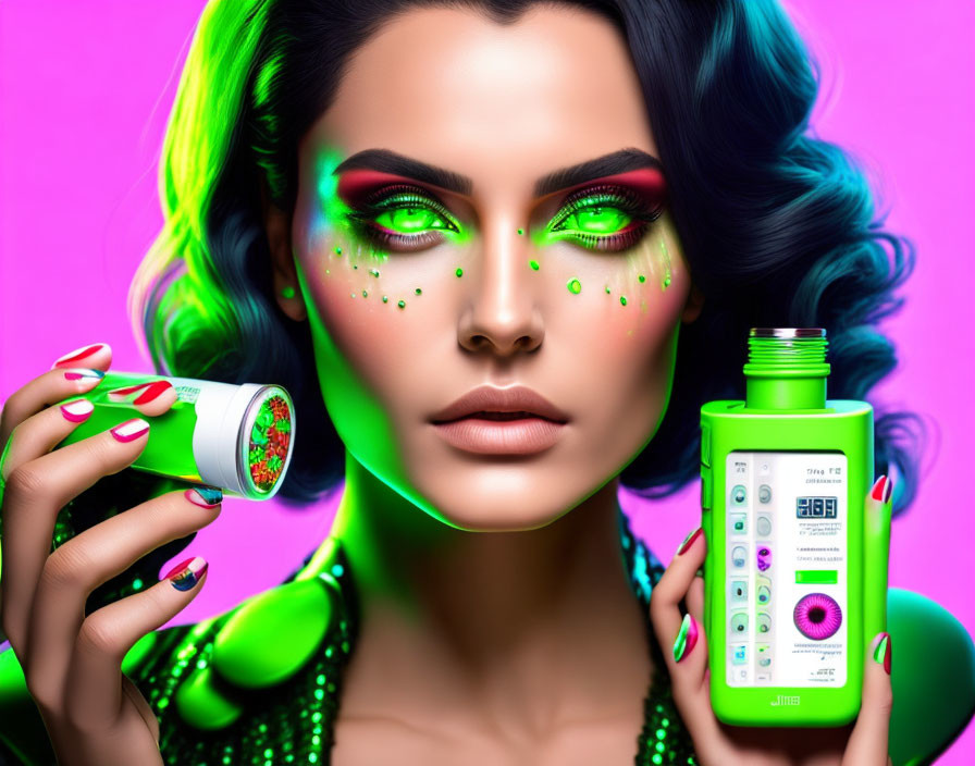 Woman with Vibrant Green Eye Makeup Holding Skincare Products on Pink Background