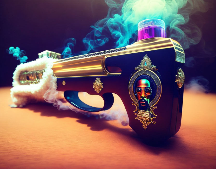 Stylized ornate handgun with portrait emitting smoke on dark background