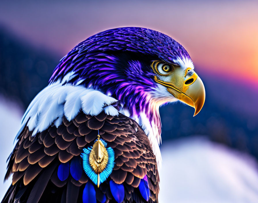 Majestic eagle with sharp yellow beak and intense eyes against blurred sunset