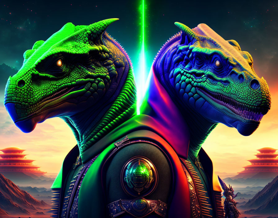 Vividly Colored Futuristic Dinosaurs in High-Tech Gear on Otherworldly Landscape