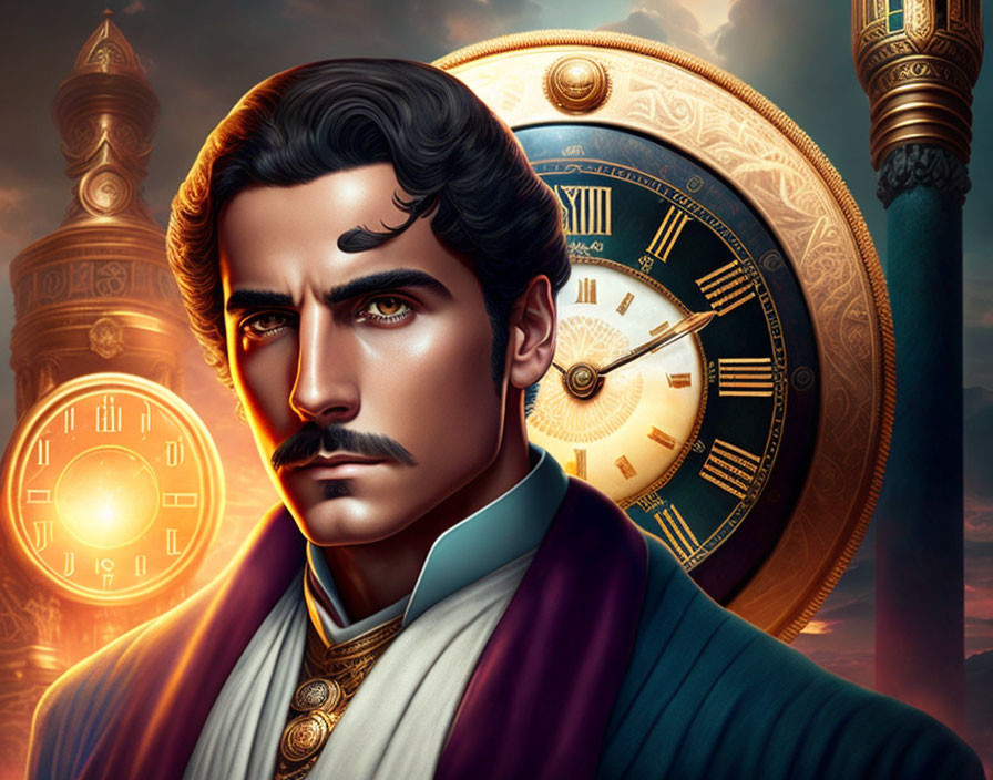 Man in traditional attire with mustache in mystical clock tower scene