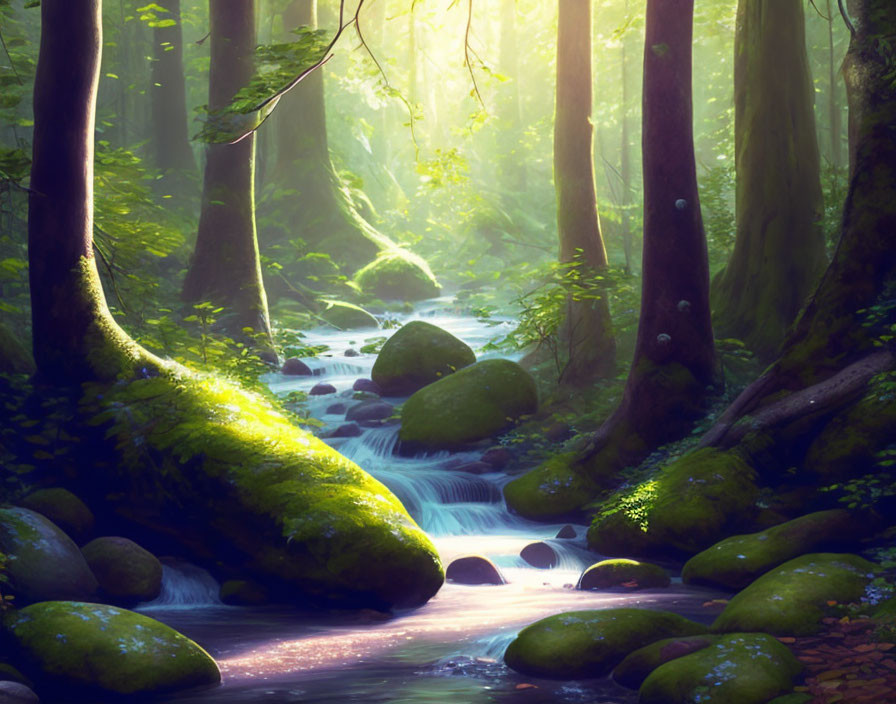 Lush forest with serene stream and waterfall in sunlight