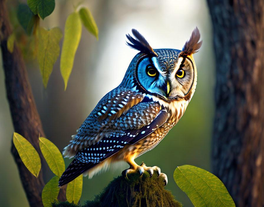 Striking blue-eyed owl perched on mossy branch with tufted ears