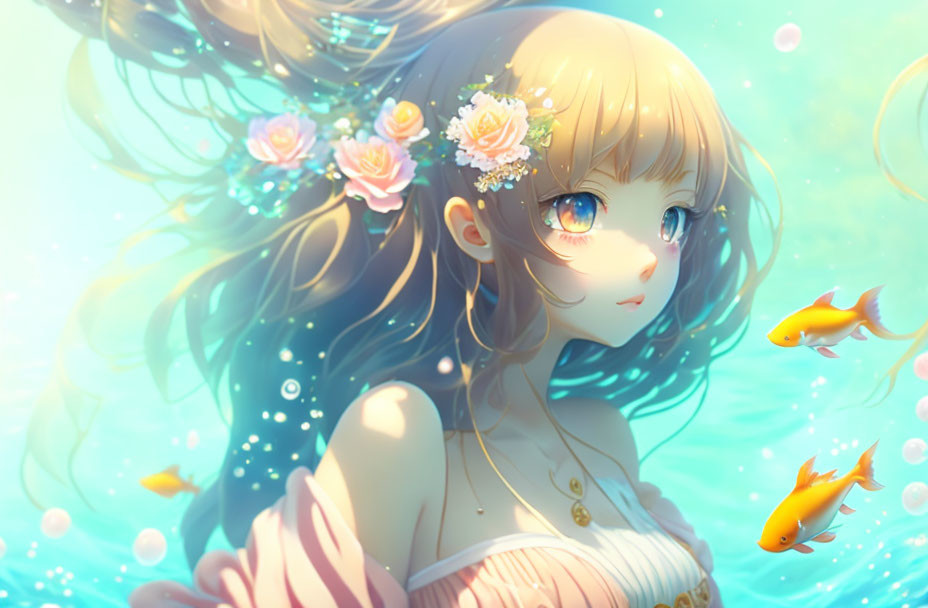 Blond-Haired Anime Girl with Flowers Underwater Among Orange Fish