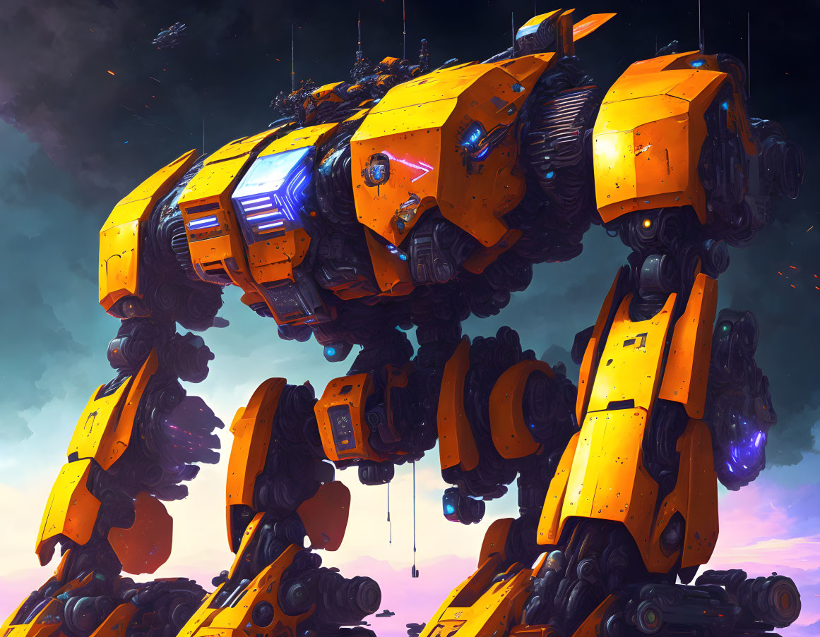 Yellow and Blue Intricate Robot Against Dramatic Sky