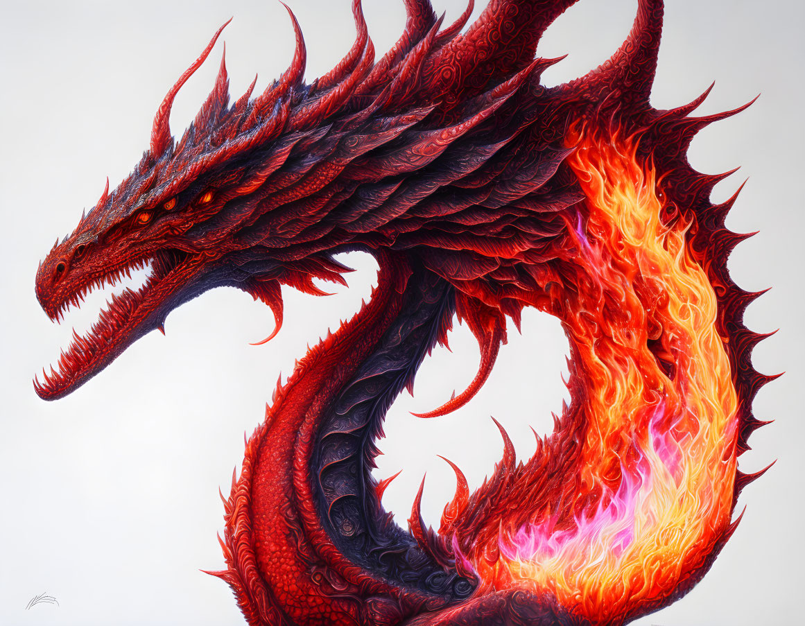 Detailed Illustration of Fiery Red Dragon with Scales and Flaming Tail