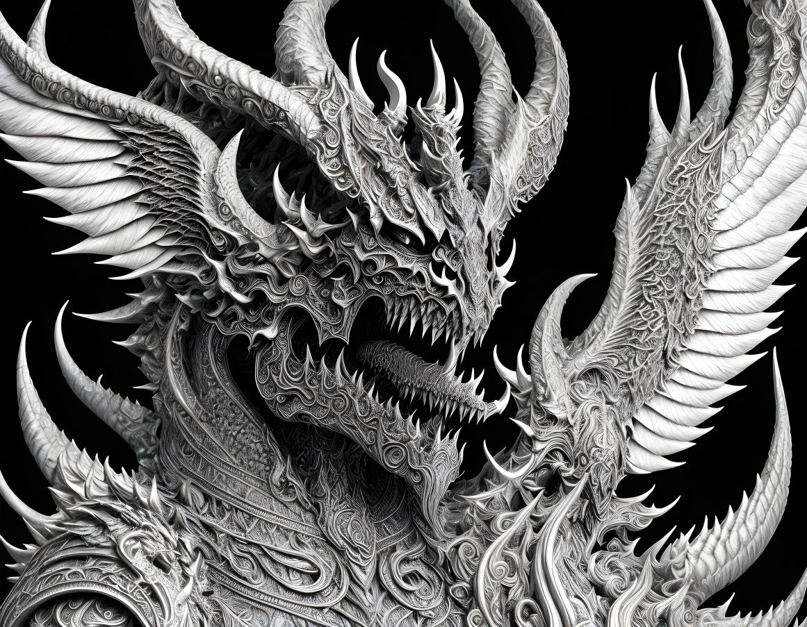 Detailed Black and White Illustration of Fierce Dragon with Scales and Feathers