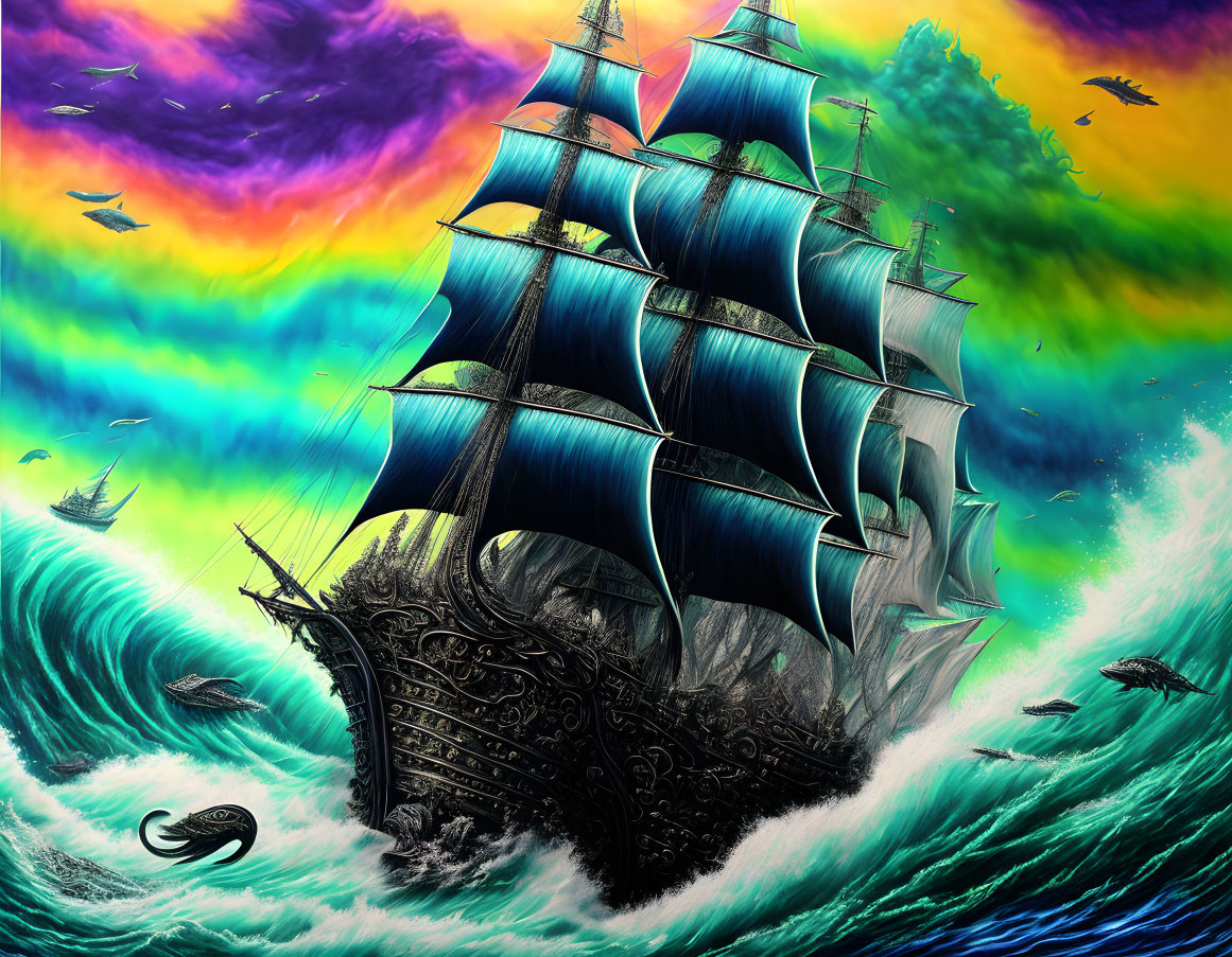 Colorful painting of old sailing ship on stormy seas under dramatic sky