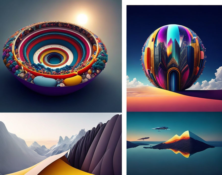 Four Surreal Landscape Collage: Multilayered Structure, Egg-shaped City, Folded Terrain