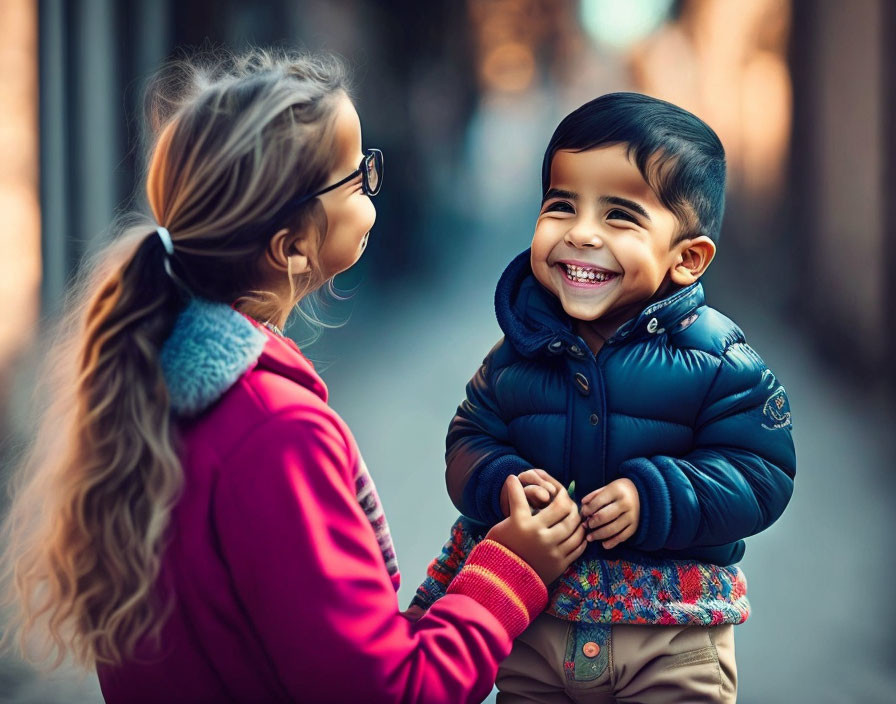 Children with glasses and boy in blue jacket sharing joyful moment outdoors