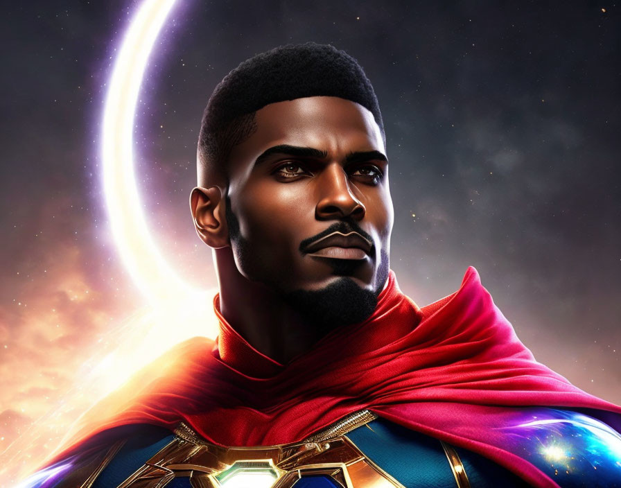 Superhero illustration in red cape and armor on cosmic background