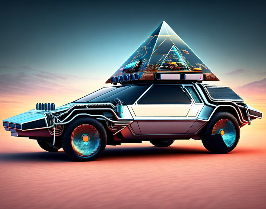 Futuristic car with neon accents and glowing wheels on luminous pyramid background