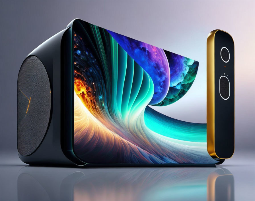 Flexible wrap-around display on futuristic smartphone with vibrant cosmic graphics