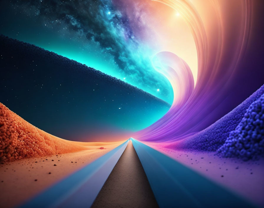 Colorful surreal landscape with straight road under cosmic sky