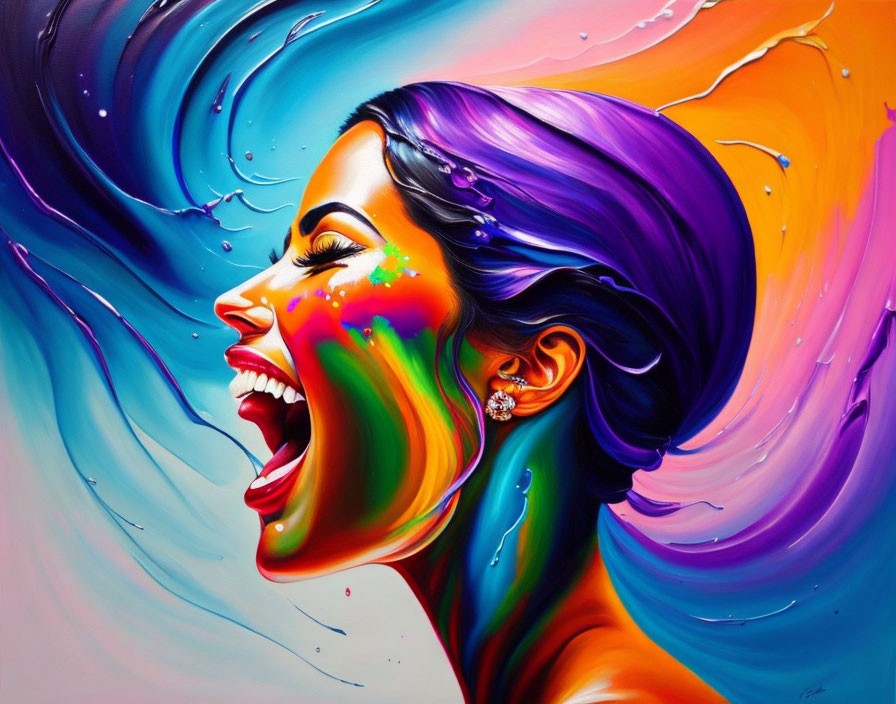 Colorful painting of joyous woman with multicolored hair and paint streaks on face.