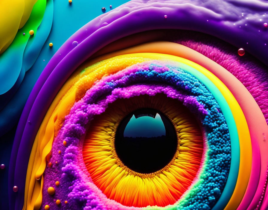 Colorful abstract artwork featuring swirling eye-like layers and rainbow hues.