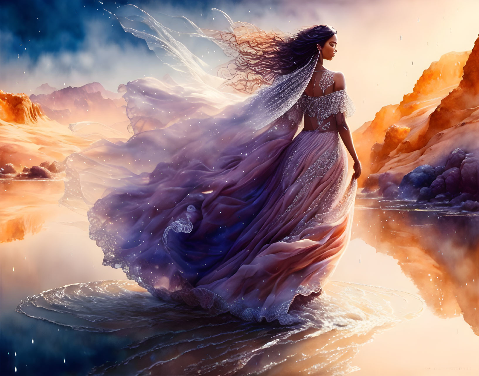 Woman in flowing gown on water at surreal sunset landscape